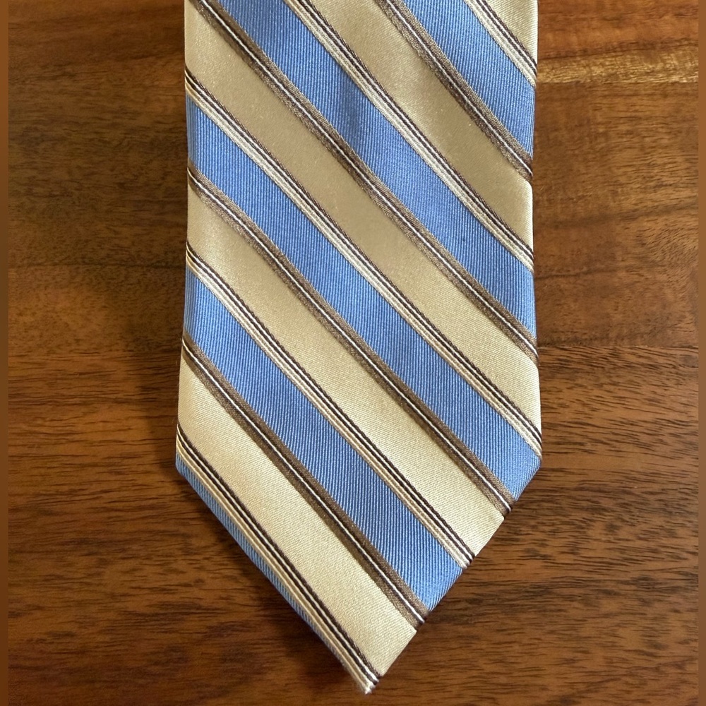 100%Silk Perry Ellis Blue and Cream Gold Striped Tie